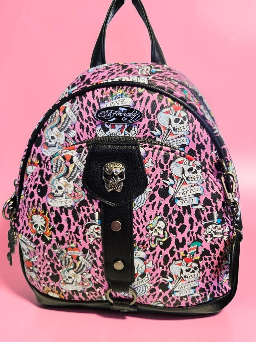 NEW Ed Hardy Pink Animal Leopard Print Skull Tattoo Backpack  display picture 1