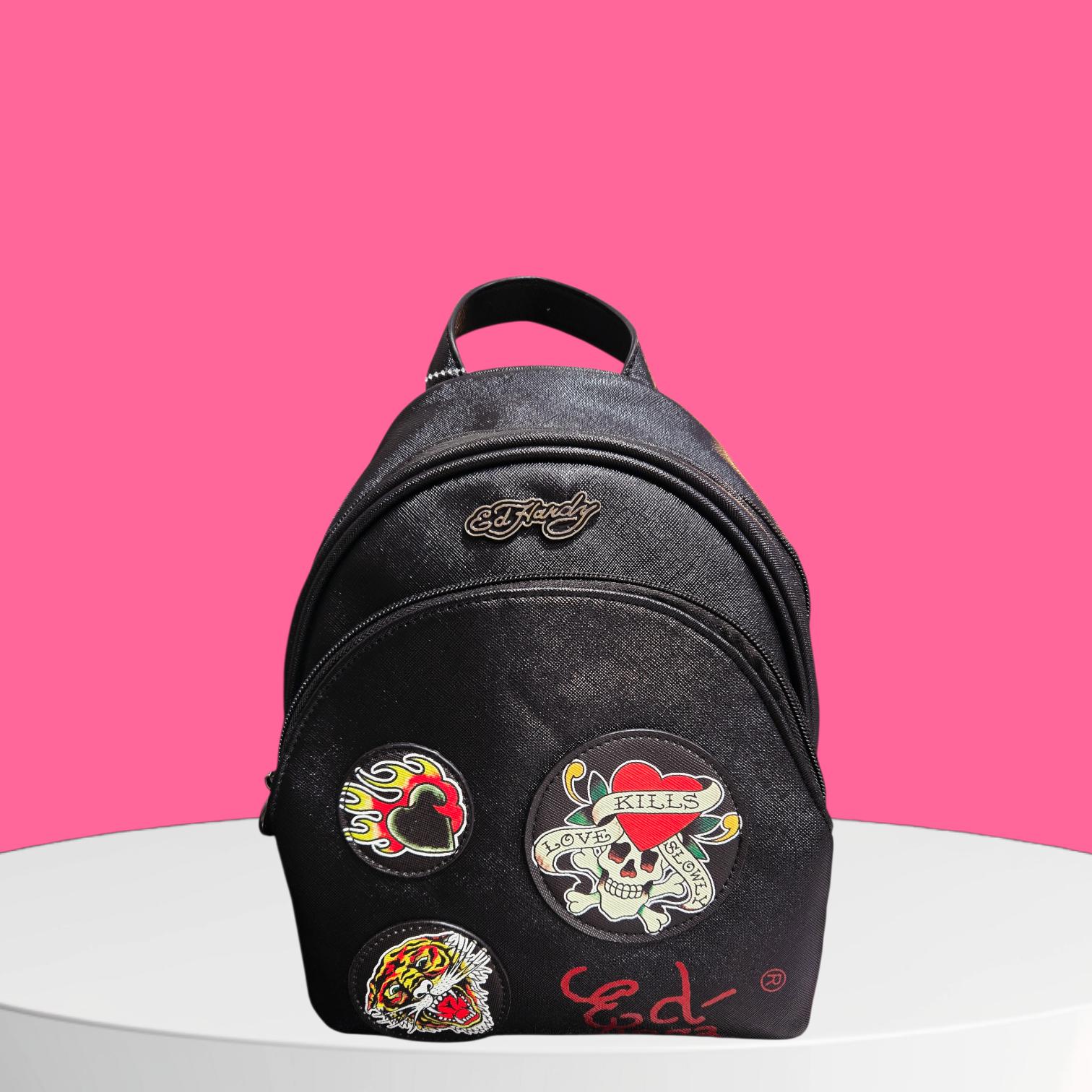 Ed Hardy Pink and Black Skulls Women\'s Backpack NEW Ed Hardy Pink Skull Rhinestones Patch Print Large  main image 2