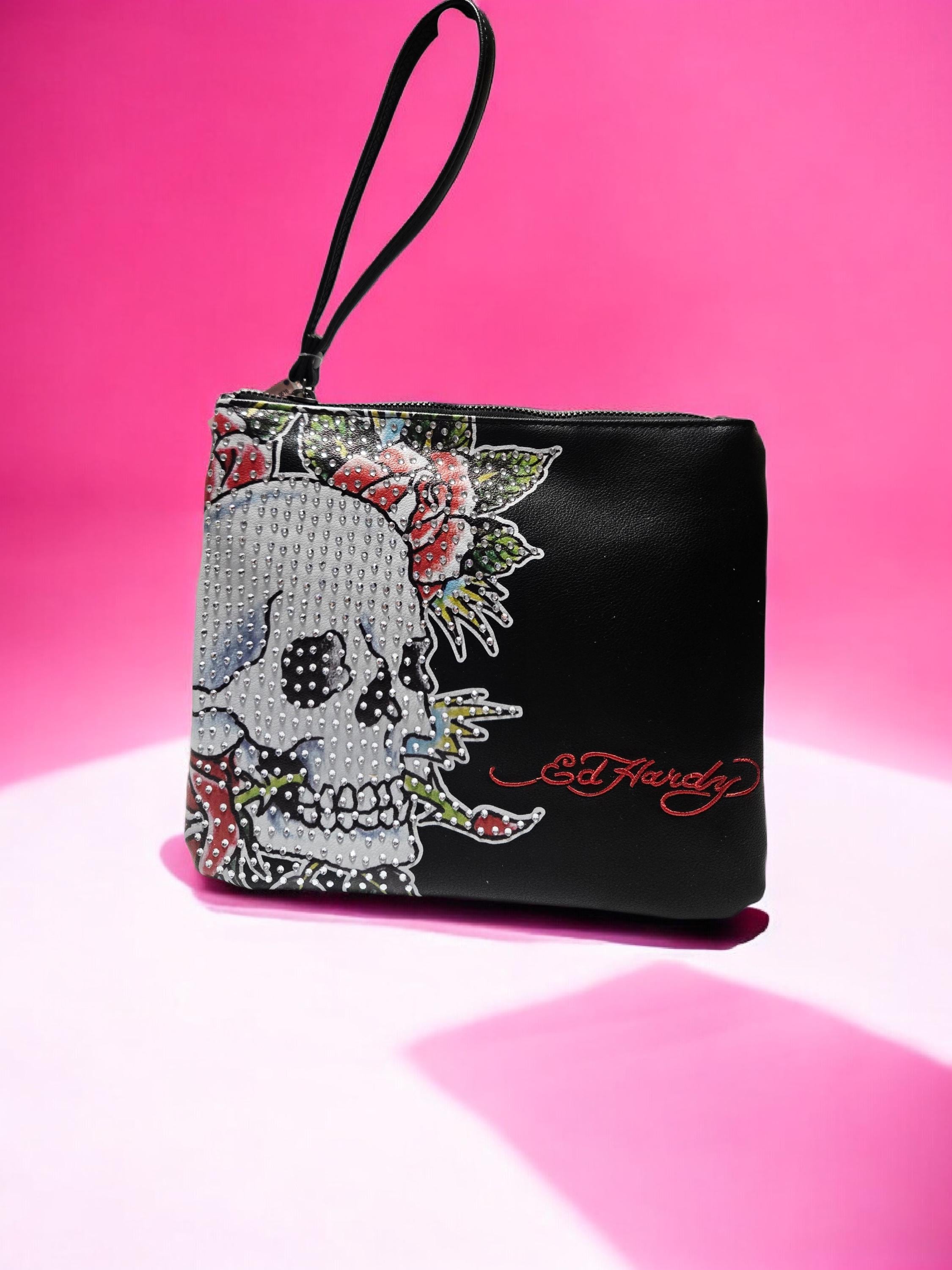 NEW Ed Hardy Y2K Black Skull Rhinestone Wristlet: New With Tags (9