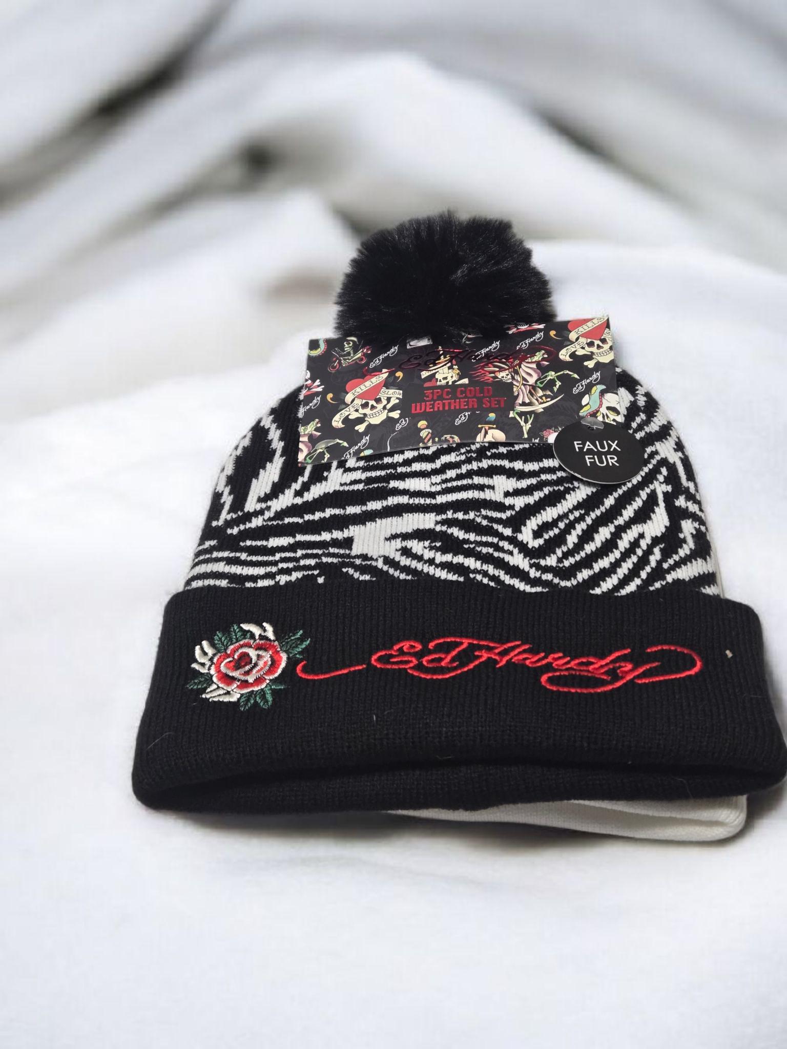 NEW Ed Hardy Black & White Beanies Set (3) With Gloves 