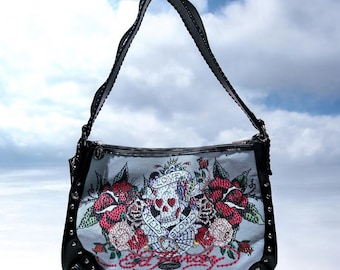 Ed Hardy Skull & Roses Shoulder Bag Y2K Tattoo Print Designer