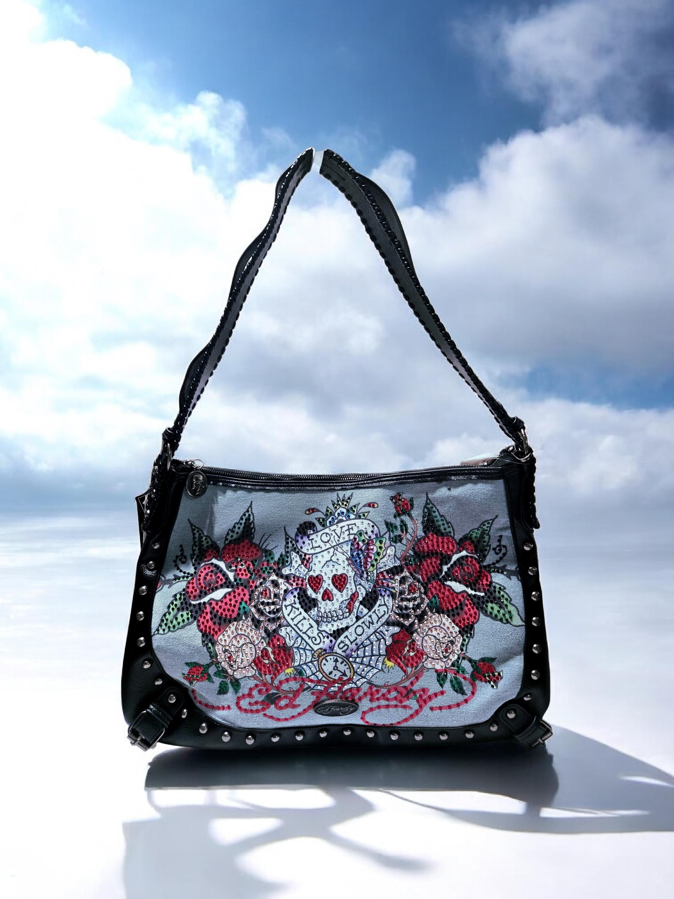 【激レア】Ed Hardy★バックスカル＆ローズ刺繍デニム NEW ED HARDY Love Kills Slowly Roses Skull Rhinestone Denim Hobo