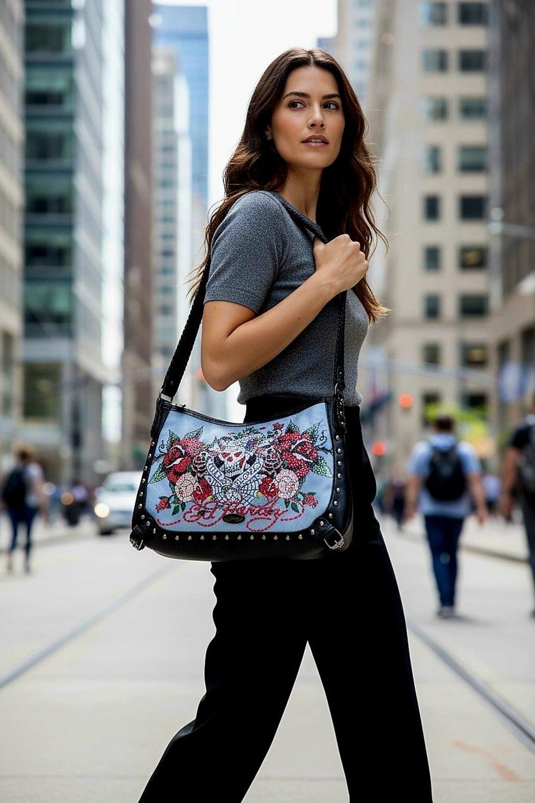 NEW ED HARDY Love Kills Slowly Roses Skull Rhinestone Denim Hobo