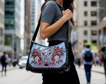 ED HARDY Love Kills Slowly Roses Skull Rhinestone Denim Hobo Bag
