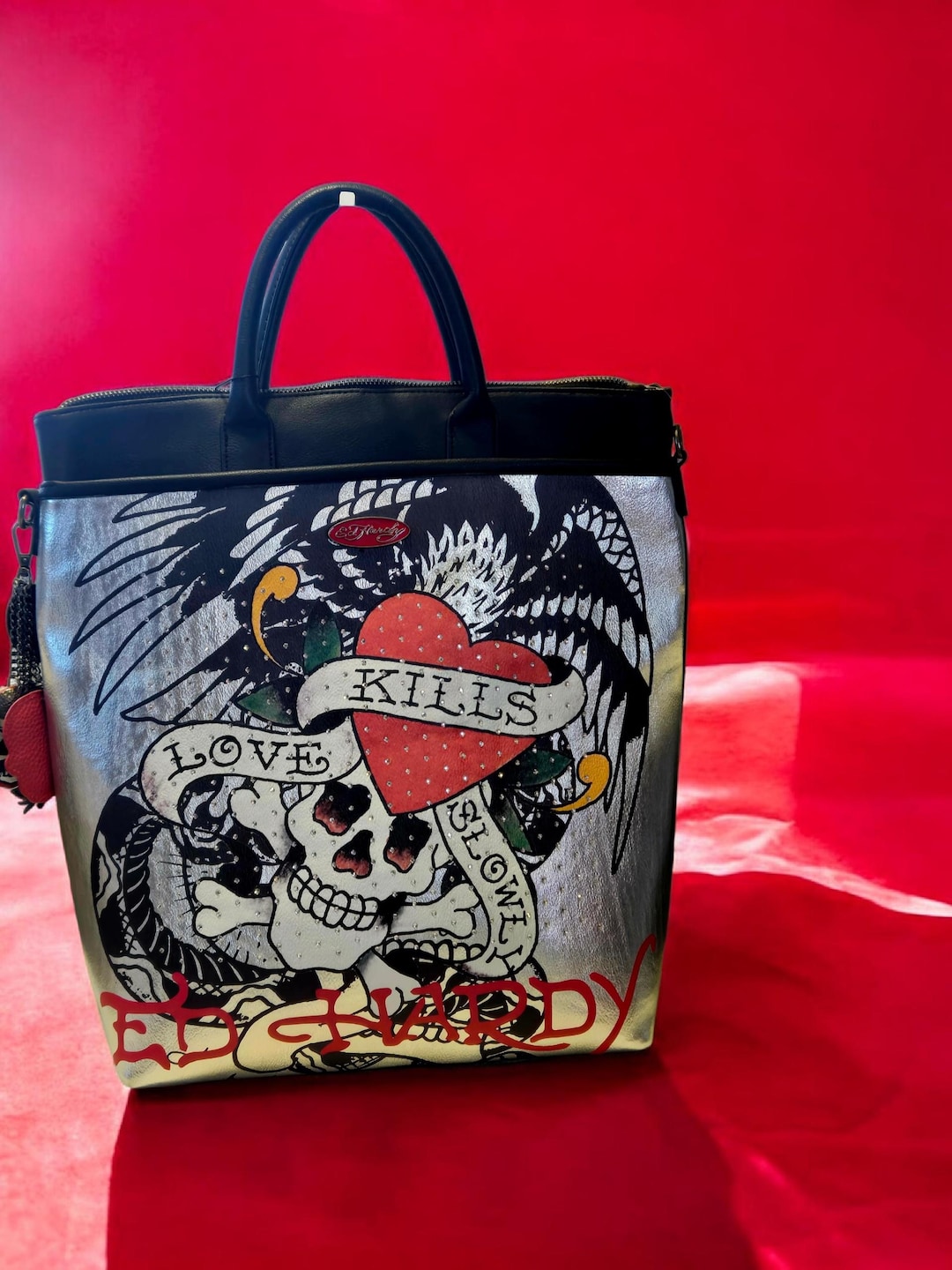 ED HARDY Love Kills Slowly Large Black With Charms and Rhinestones