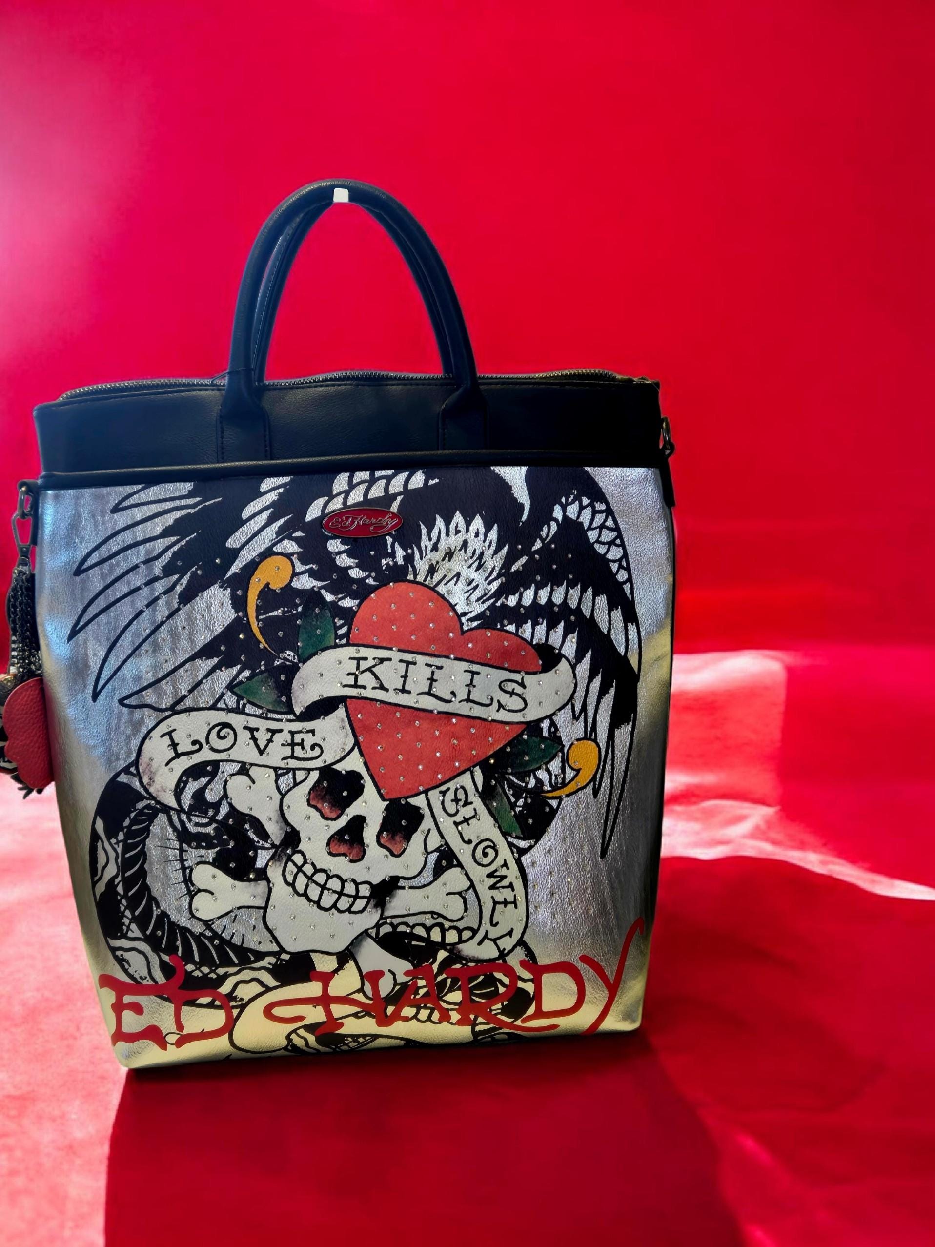 NEW ED HARDY Love Kills Slowly Large Black With Charms and