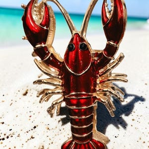 Peut inclure: Une pince à cheveux en forme de homard avec une finition en émail rouge profond brillant et des bords en métal doré. Le design comprend deux grandes pinces relevées, plusieurs pattes articulées et deux petits yeux noirs circulaires sur la tête.