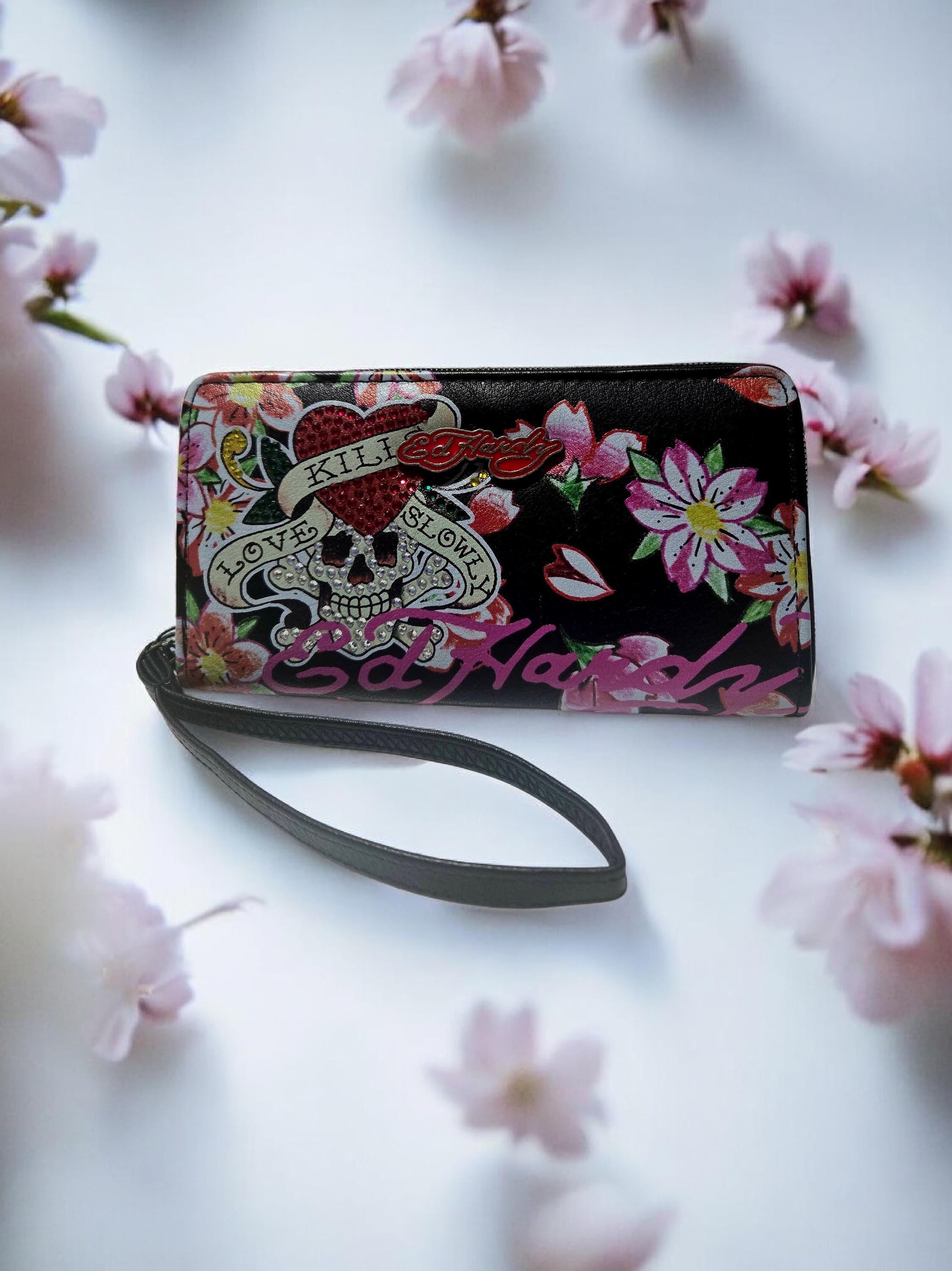 Ed Hardy Black Faux Leather Skull Floral Rhinestone Wallet & Key