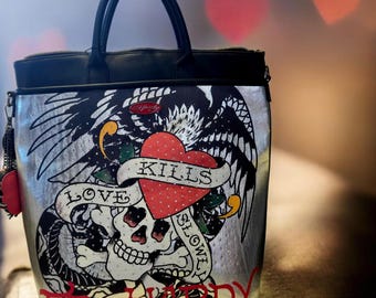 ED HARDY Love Kills Slowly Large Black With Charms and Rhinestones