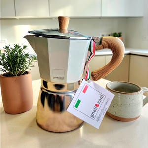 Puede incluir: Una cafetera italiana plateada y blanca con un asa y un pomo de tapa de madera. Una pequeña planta en maceta y una taza de cerámica están junto a la cafetera. La etiqueta dice "gnali & zani italian coffeemakers and more."