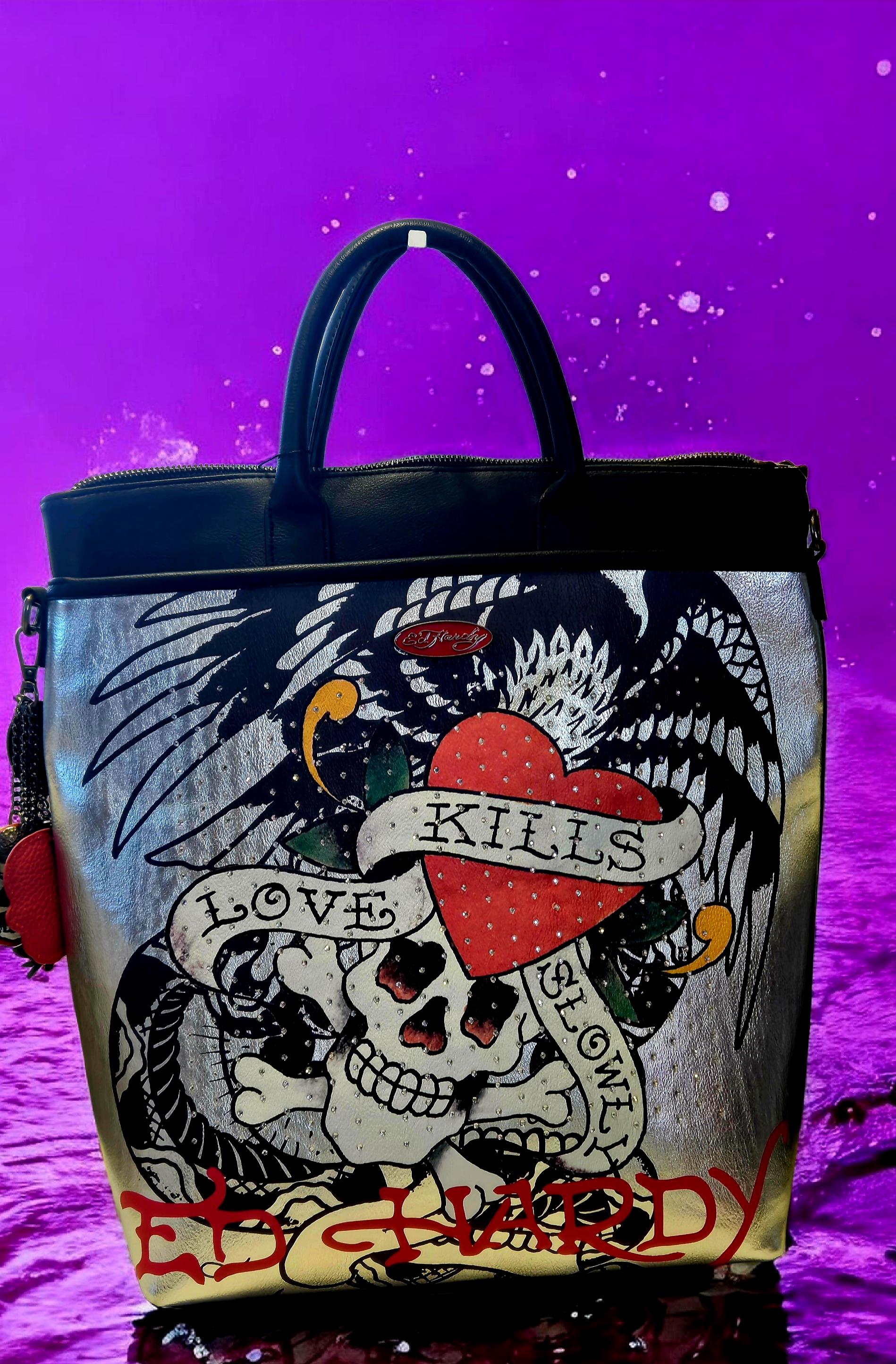 ED HARDY Love Kills Slowly Large Black With Charms and Rhinestones