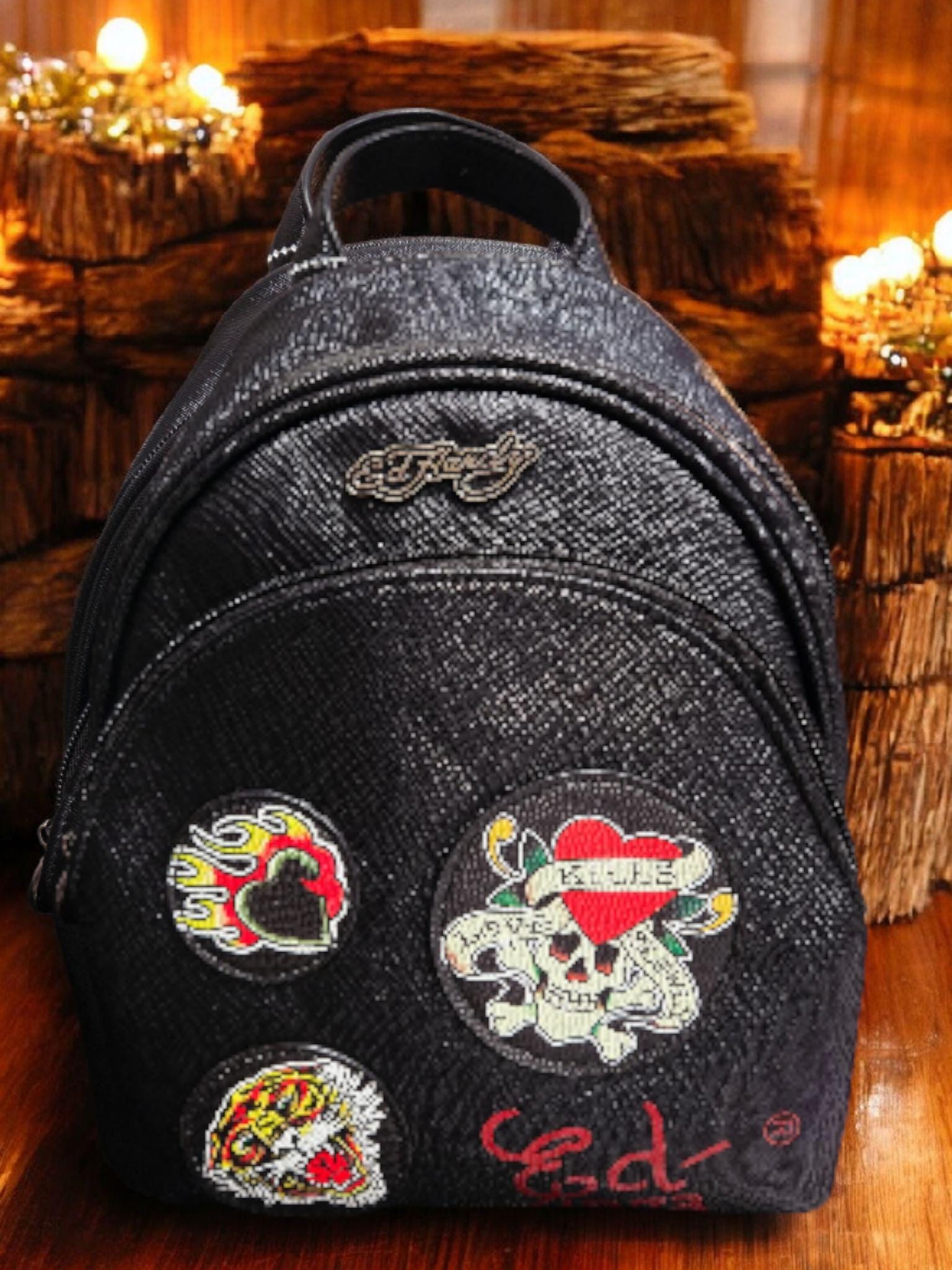 NEW Ed Hardy Black Women's Bag Backpack With Patches 12