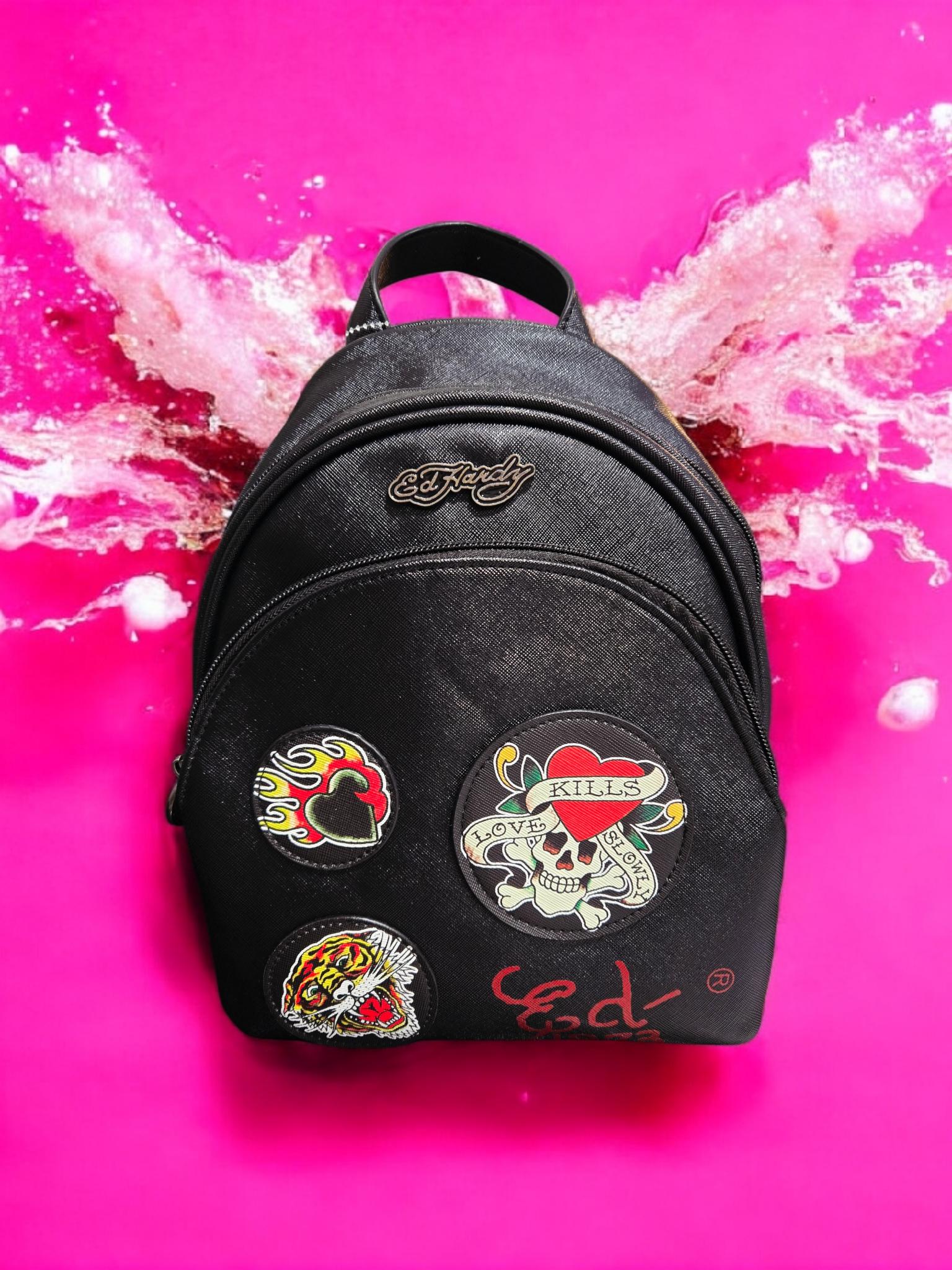 NEW Ed Hardy Black Women's Bag Backpack With Patches 12