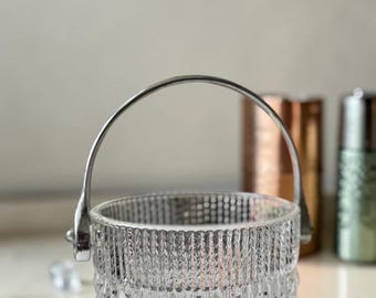Mid Century French Teleflora Textured Raindrop Crystal Glass With Chrome Handle Mini Ice Bucket 5" Wide 4" Height