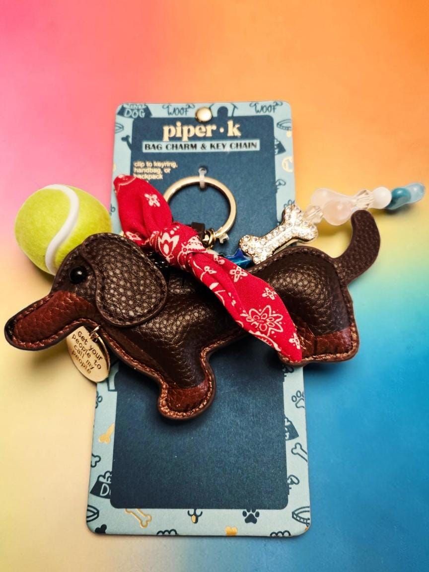 Dachshund Dog With Red Bandana and Tennis Ball Bag Charm Keychain