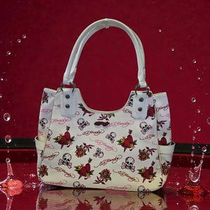 May include: White handbag with a repeating pattern of red hearts, roses, and skulls. The bag has two white handles and side pockets. The brand name "Ed Hardy" is printed on the bag.