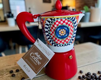 Nuova caffettiera Brandani italiana rossa, moka, per piano cottura, in alluminio, 3 tazze, per espresso, nuova con etichette.