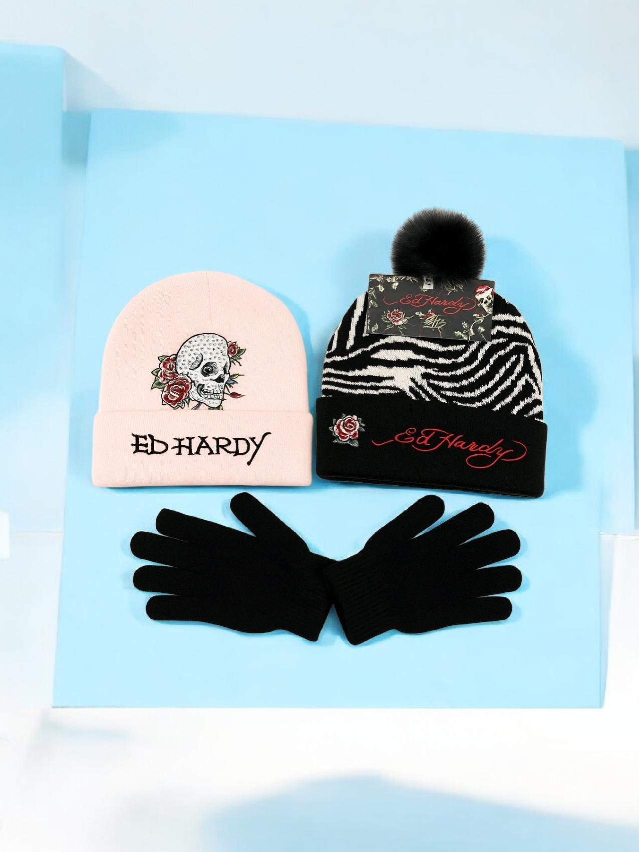 Ed Hardy Gift Set Beanies & Glove Rhinestone Love 3 Roses / Flaming Sculls NEW Ed Hardy Black & White Beanies Set (3) With Gloves  main image 2