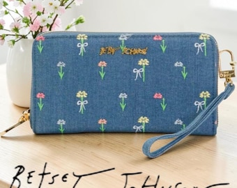 NEW Betsey Johnson Denim Floral Embroidered Zip Around Wallet Wristlet Strap 8"x4.5 New With tags