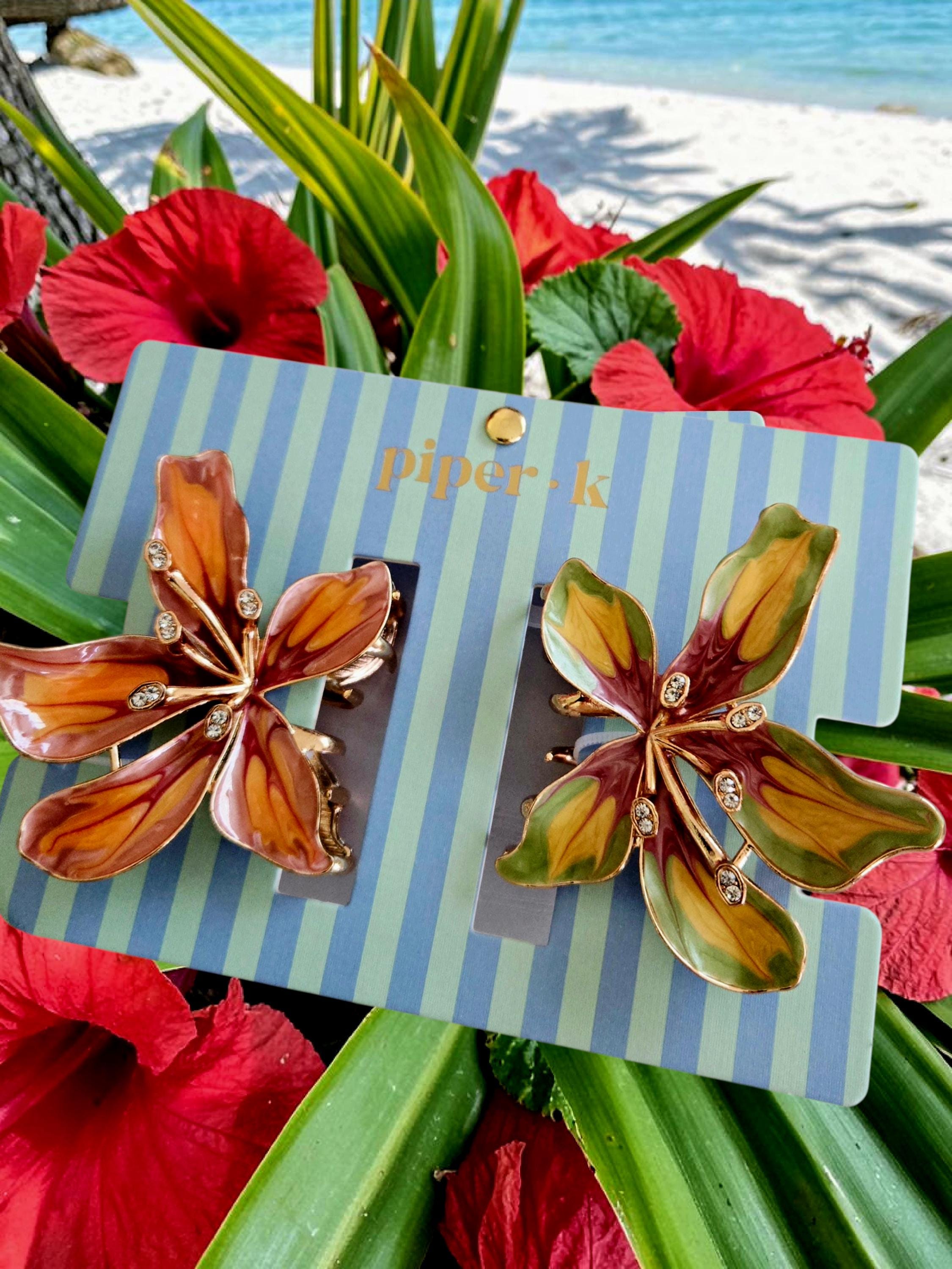 ぴーち様order髪飾り Hair accessory set, green and orange flower ornaments