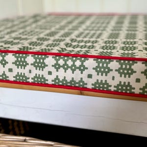Puede incluir: Un coj&iacute;n con estampado verde y blanco con un borde rojo. El coj&iacute;n est&aacute; sobre una superficie blanca.