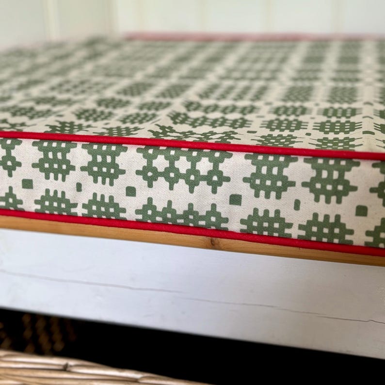 Puede incluir: Un coj&iacute;n con estampado verde y blanco con un borde rojo. El coj&iacute;n est&aacute; sobre una superficie blanca.