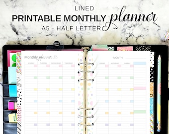 Lined Monthly Planner Printable A5 Insert, Half Letter Monthly Calendar on Two Pages, Undated Month at a Glance Journal, A5 Planner Refill