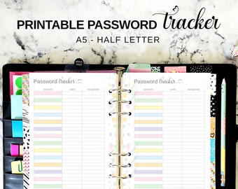 Password Tracker Printable A5 & Half Letter Planner Insert, Pastel Password Log Book Refill, Ring Binder Password Organizer PDF