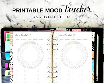 May include: Printable mood tracker in A5 and half letter sizes. The tracker features two circular mood charts with a colour-coded key for each month of the year. There are also blank lines for additional notes.