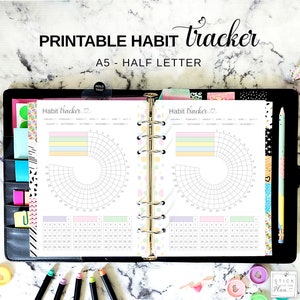 Inserto per planner circolare A5 con tracciamento delle abitudini, pagine stampabili con grafico delle abitudini a mezza lettera, checklist di routine giornaliera e mensile nei colori dell'arcobaleno