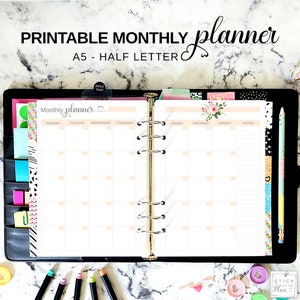 Calendario mensual imprimible en 2 páginas A5, inserto de planificador de media carta, recambio de diario mensual sin fecha, páginas Filofax con motivos florales