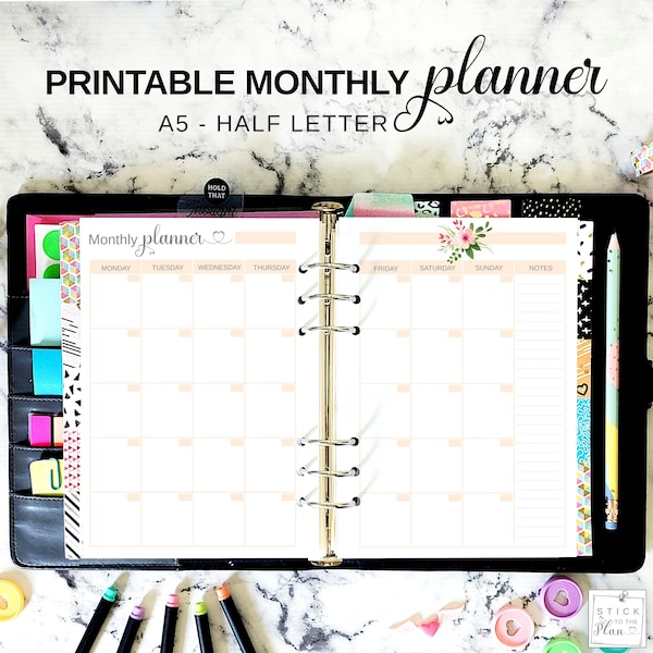 Month On 2 Pages A5,  Printable Monthly Calendar, Half Letter Planner Insert, Undated Monthly Journal Refill, Floral Filofax Pages