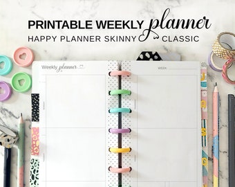 Minimalist Weekly Planner Printable Happy Planner Skinny Classic Horizontal Insert, HP Half Sheet Undated Week Calendar Spread on Two Pages