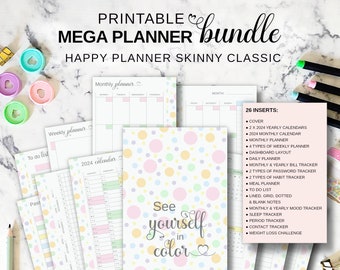 Skinny Classic Happy Planner Inserts, Printable HP Half Sheet Monthly Weekly Daily 2024 Calendar, Password Bill Habit Tracker To Do List