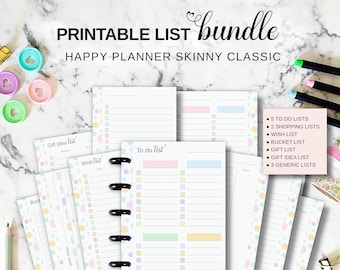 List Bundle Happy Planner Skinny Classic Printable Inserts, Weekly Daily Monthly To Do Shopping Wish Bucket Gift List, HP Half Sheet Pages