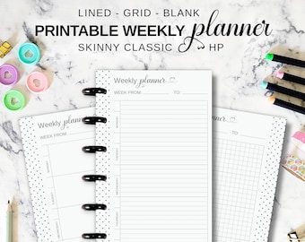 Week on One Page Printable Happy Planner Skinny Classic Insert, Half Sheet Weekly Horizontal Layout, Undated Lined and Grid Week at a Glance