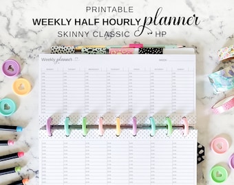 Half Hourly Weekly Schedule Printable Happy Planner Skinny Classic Insert on two Pages, Classic Half Sheet Minimalist Undated Weekly Planner