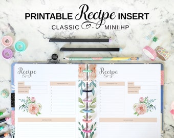 Recipe Planner Insert Classic Happy Planner, HP Mini Printable Recipe Pages, Floral Cook Book Refill, Discbound Planner Recipe Card Template