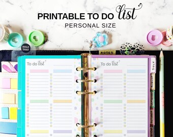 May include: A personal size printable to-do list planner with a teal cover and gold rings. The planner pages have pastel-colored headers and dotted backgrounds. The text "PRINTABLE TO DO list PERSONAL SIZE" is at the top.