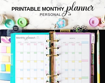 Monthly Insert on Two Pages Personal Size, Printable Monthly Planner, Undated Monthly Calendar Refill, Pastel Month at a Glance Template