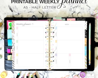 Printable A5 Weekly Planner Insert Horizontal Layout, Half Size Weekly Calendar Undated, Pastel Rainbow Ring Planner 2 Page Agenda Refill
