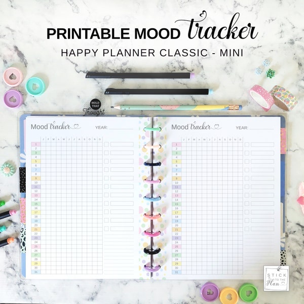 Yearly Mood Tracker Happy Planner Classic Insert, Printable HP Mini Emotion Tracker Journal Pages, Discbound Planner Refill