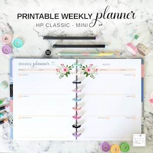 Classic Happy Planner Weekly Insert Horizontal Layout, Floral Printable Mini HP Undated Week on Two Pages, Discbound Weekly Calendar Refill