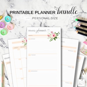 Personal Planner Bundle, Printable Undated Monthly Calendar Template, Personal Filofax Weekly Insert Horizontal, Floral Lined Notes Pages