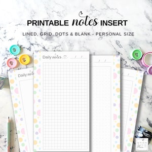 Personal Size Note Pages, Blank Lined Grid and Dotted Journal Note Taking Paper,  Printable Notes Refill, Personal Filofax Note Inserts