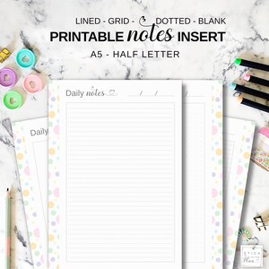 Lined, Grid, Dotted, Blank A5 Note Paper, Printable Daily Note-Taking Sheets, Half Letter Agenda Notes Refill, Ruled Notebook Journal Pages