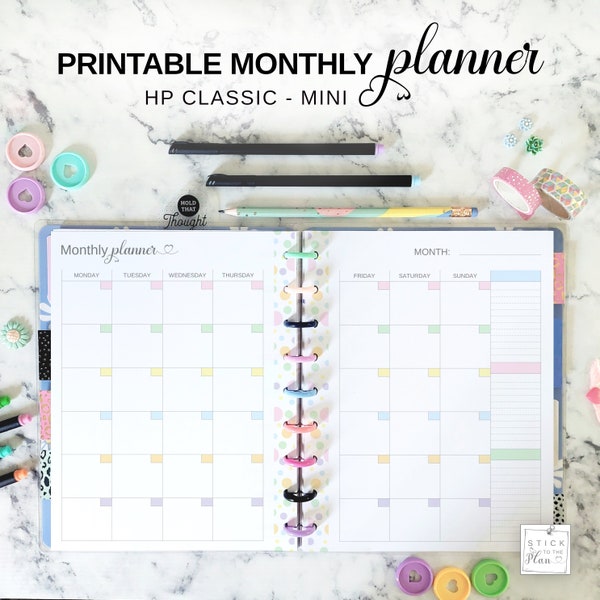 Undated Monthly Calendar Happy Planner Classic, Printable Mini HP Two Page Monthly Insert, Pastel Color Month at a Glance Discbound Refill