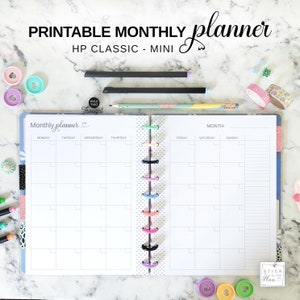 Printable Monthly Happy Planner Classic Insert, Mini HP Printable Month on Two Pages, Undated Month at a Glance Discbound Calendar Refill