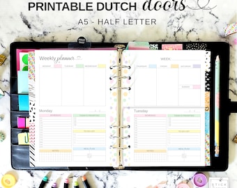Dutch Door Weekly Planner Insert Printable, A5 & Half Letter Undated Weekly Planner, Rainbow Pastel Planner Pages, Weekly + Daily Planner