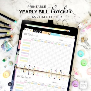 A5 Yearly Bill Payment Tracker, Printable Annual Expense Checklist, Half Letter Bill Due Calendar for Filofax Planner in Pastel Colors